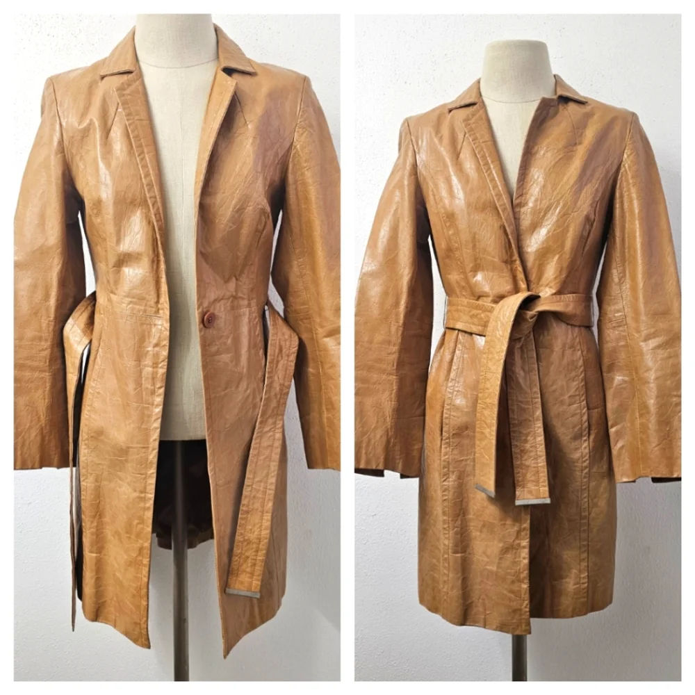 Express Y2K Crinkle Leather Belted Camel Coat Size 1/2